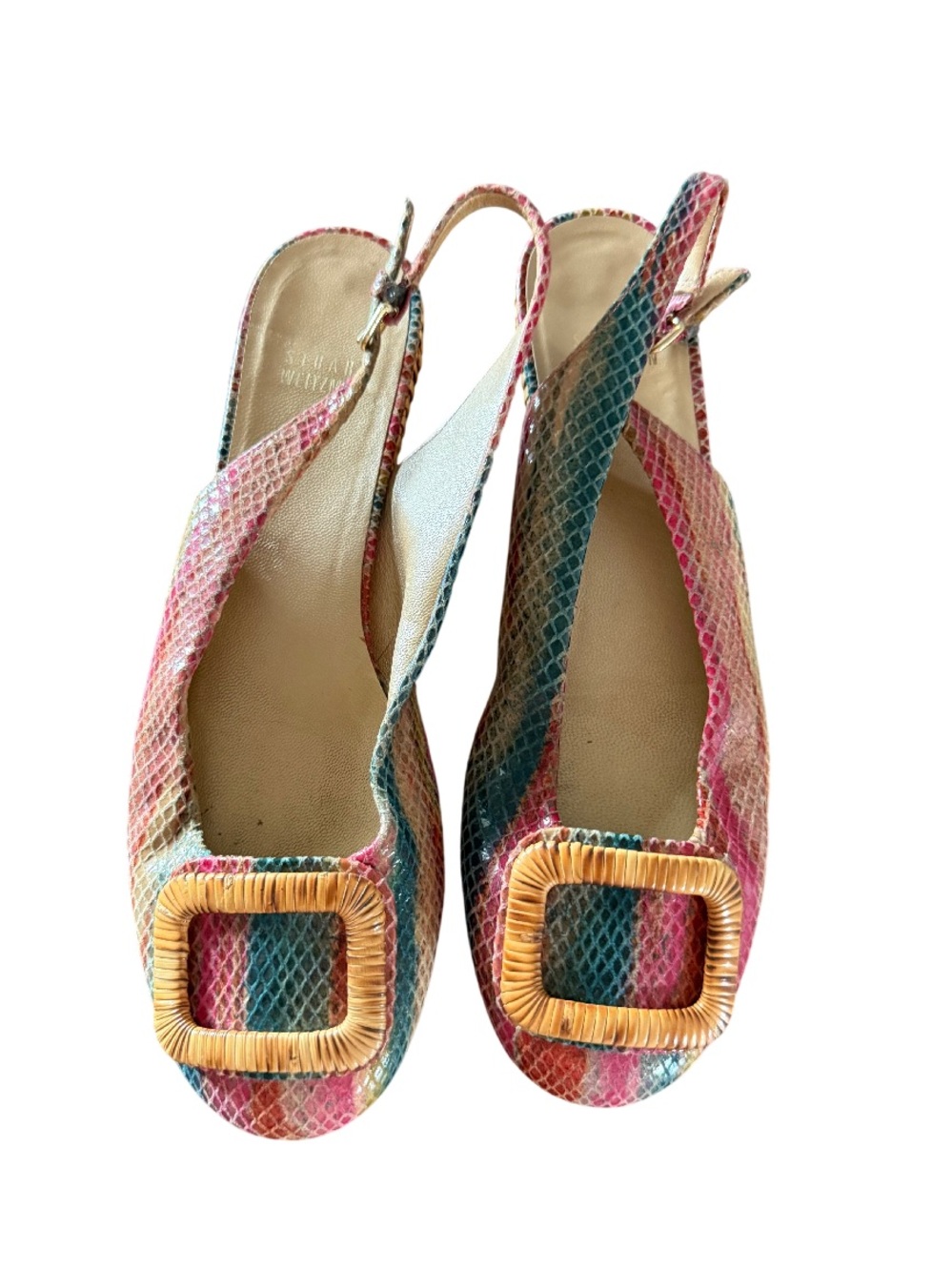 Stuart Weitzman Vintage Snake Embossed Wicker Buckle Slingback Flats Size 9